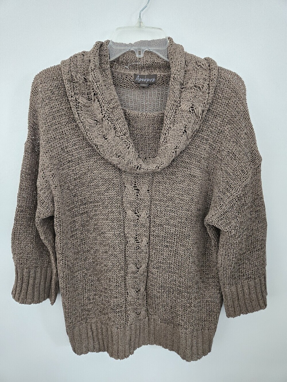 Apropos cowl neck open knit texture linen-blend sweater. 3/4 Sleeves. Large. - Picture 2 of 8
